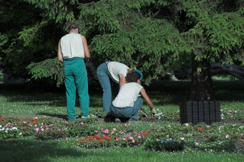 The image depicts three individuals working together in a well-maintained garden, with a prominent large evergreen tree providing shade in the background. The garden features a lush, green lawn with neatly arranged flower beds containing small, colorful flowering plants along the front edge. One person, standing with their back to the camera, appears to be overseeing or instructing the others, who are kneeling and bending over to tend to the soil or plants within the flower beds. The garden surface includes a combination of grass, soil, and paved pathways, with a black garden compost bin visible in the right background. The weather appears clear and bright, typical of a mild day suitable for outdoor gardening activities. This scene reflects professional gardening and landscaping work likely undertaken by a local company such as Landscapers Wood Green, focusing on garden maintenance and planting in the residential outdoor space near Wood Green, N22 postcode. The detailed environment and plant care activities align with typical services provided for garden renovation and improvement in the area.