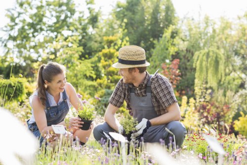 In a well-maintained garden, a young woman and a man are engaged in planting or caring for potted plants amidst a lush outdoor space. The garden features a neatly mowed lawn with vibrant green grass, bordered by flower beds filled with various flowering plants displaying colours such as purple, pink, and white. The background includes mature trees with leafy canopies providing dappled sunlight, and a hedge line that separates different sections of the garden. The two individuals are dressed casually for gardening, wearing gloves and appropriate clothing, with the woman smiling as she holds a small pot, and the man appearing focused on his gardening task. The scene suggests an early morning or late afternoon setting with natural daylight enhancing the greenery and floral displays. This garden setup demonstrates elements typical of residential outdoor spaces in Wood Green, aligning with gardening and landscaping services offered by Landscapers Wood Green, including planting, garden maintenance, and lawn care, all contributing to a welcoming and vibrant outdoor environment.